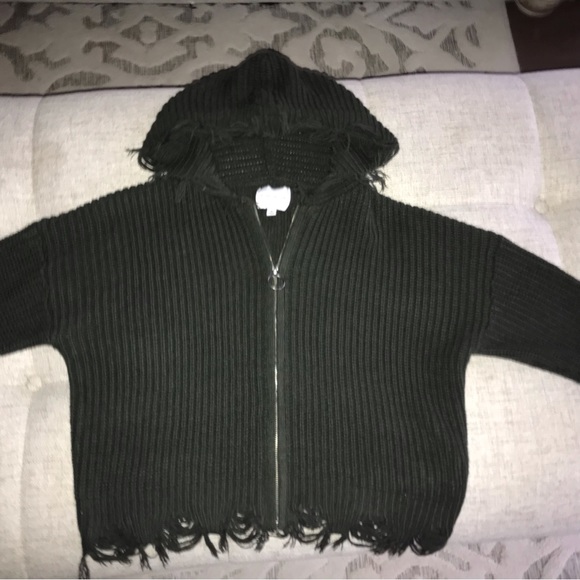 PINK ROSE Dark Green Distressed Yarn Zip Up Hoodie Sweater - Picture 5 of 11